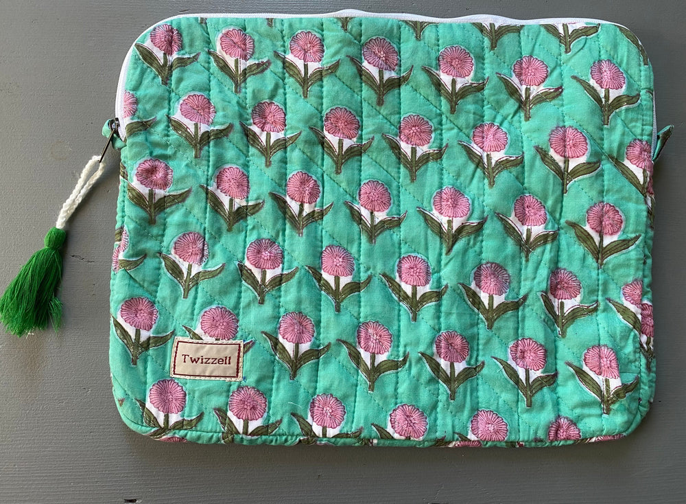 Indian Block Print Laptop Pouch - Turquoise and Pink