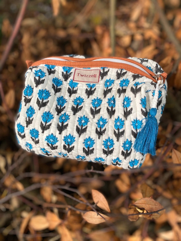 Quilted Wash Bag - Rust with Blue Flowers