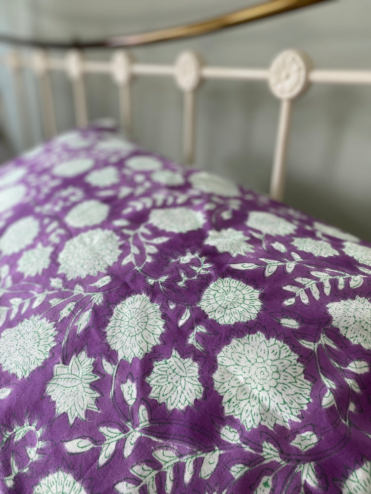 Indian Block Print Cotton Pillowcase - Purple and White Flower