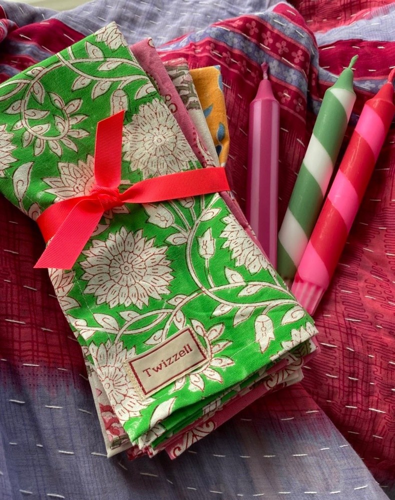 Indian Block Print Napkins Set of 4 - Green and White Flower