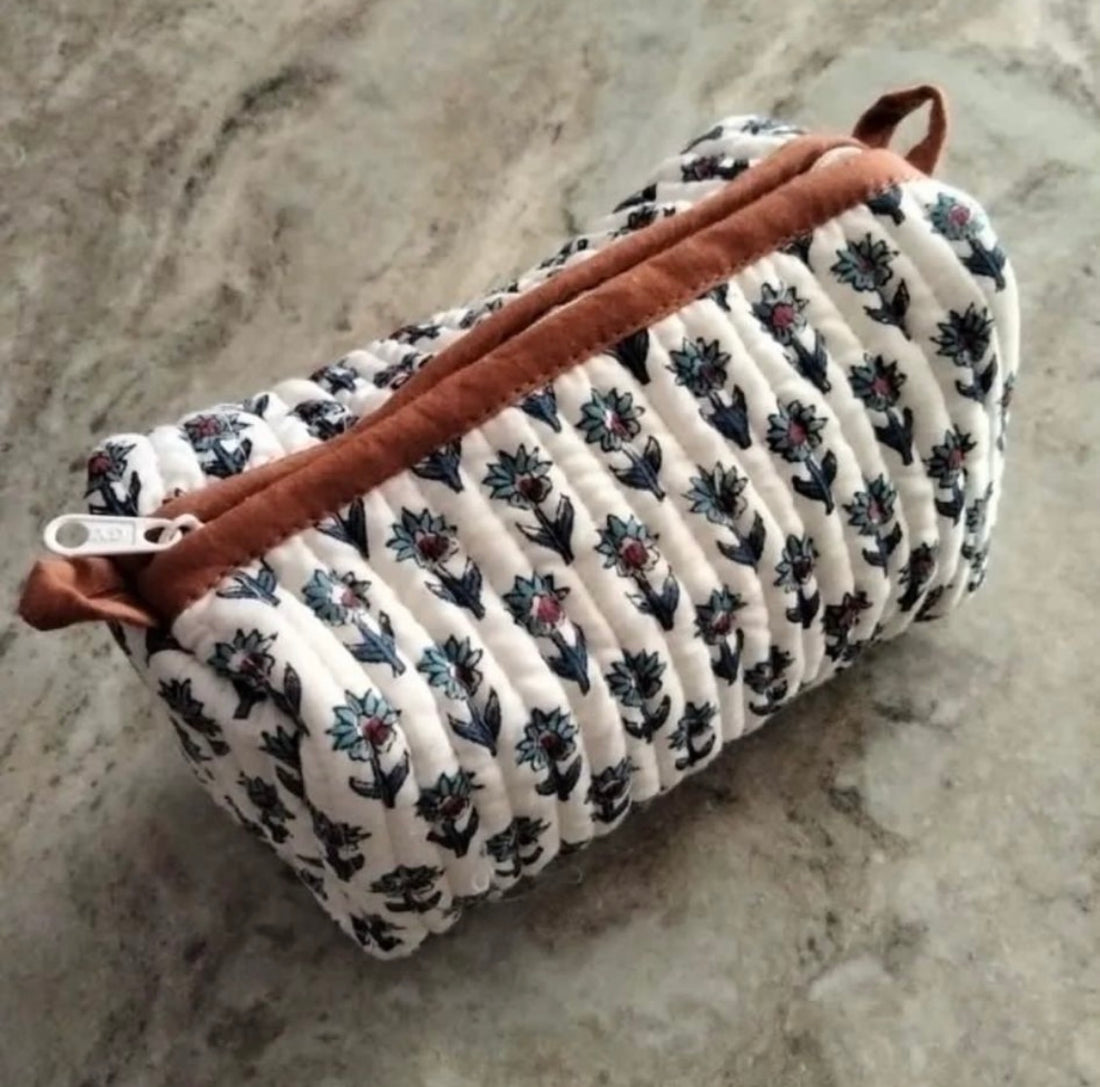 Quilted Wash Bag - Rust with Blue Flowers