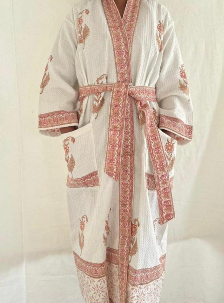 Cotton Waffle Indian Block Print Dressing Gown - Apricot