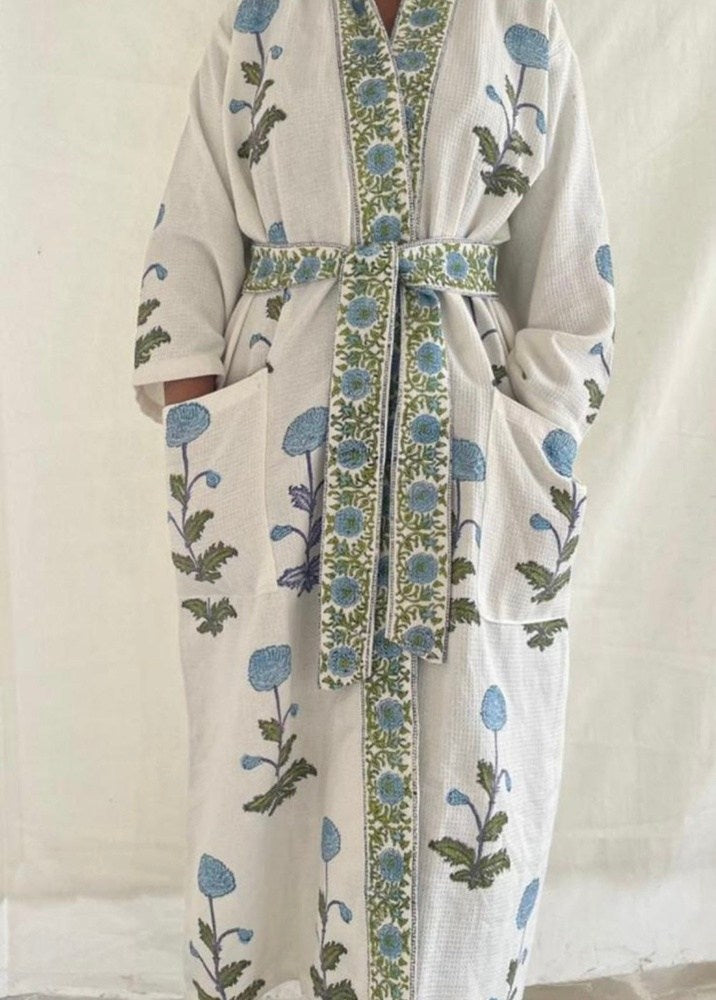 Cotton Waffle Indian Block Print Dressing Gown - Blue Pom Pom Flower