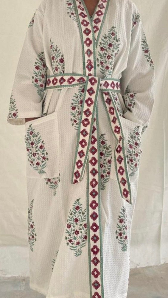 Cotton Waffle Indian Block Print Dressing Gown - Burgundy Tree