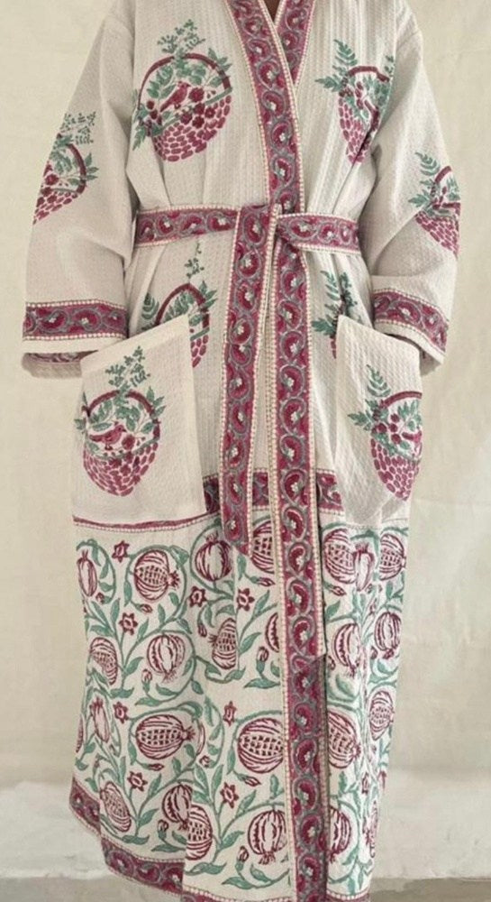 Cotton Waffle Indian Block Print Dressing Gown - Pomegranate