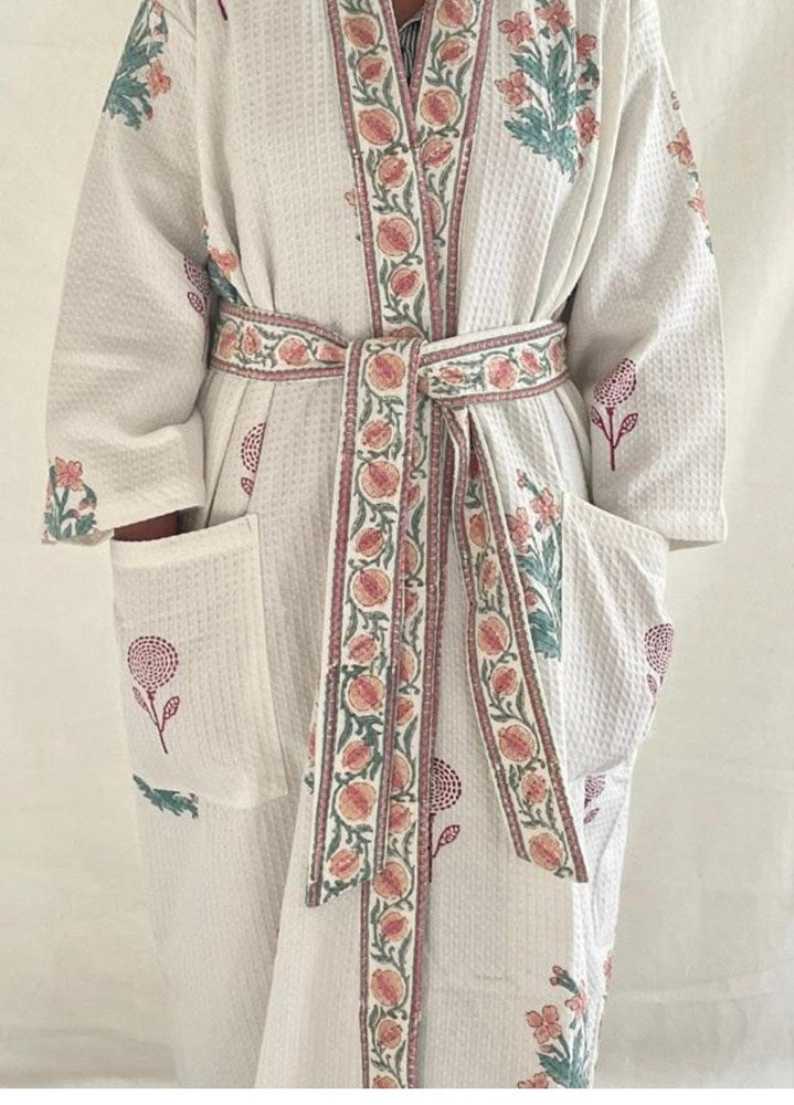 Cotton Waffle Indian Block Print Dressing Gown - Peach and Burgundy Flower