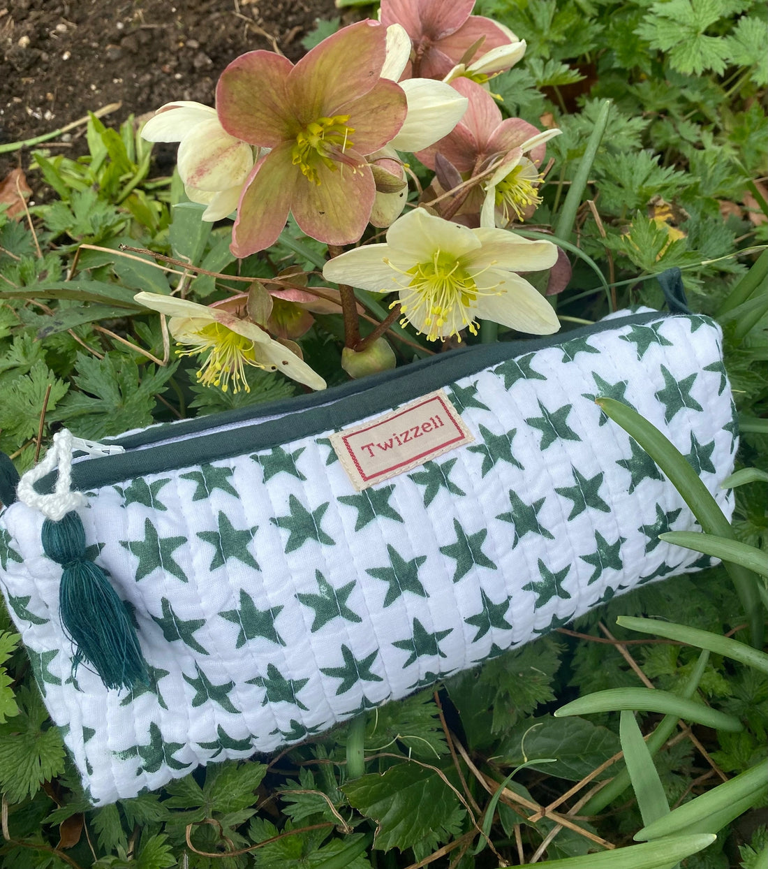 Quilted Indian Block Print Pencil Case - Green Star
