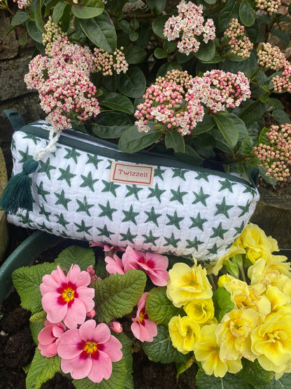 Quilted Indian Block Print Pencil Case - Green Star
