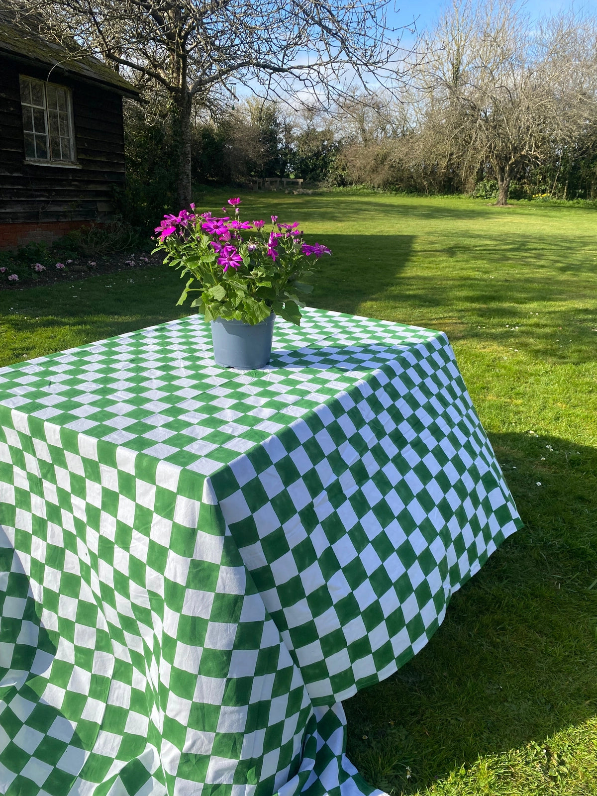 Green and White Checkerboard Tablecloth