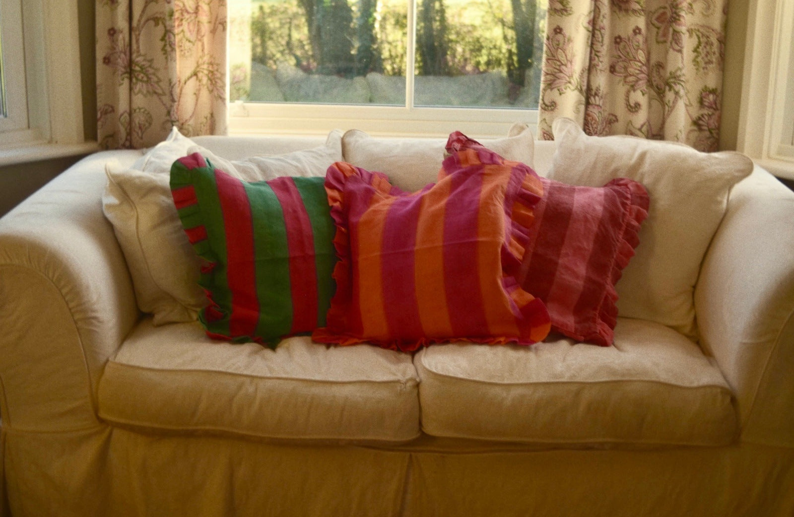 Orange and Pink Linen Striped Cushion Cover