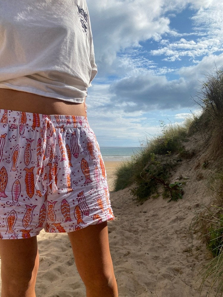 Unisex Indian Block Print Shorts - Fish