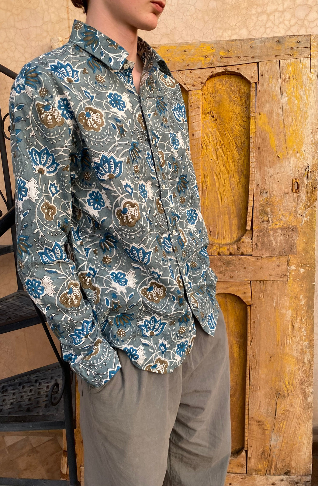 Blue and Khaki Flower Shirt