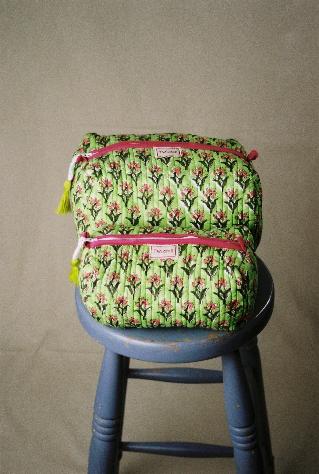 Quilted Wash Bag - Green/Pink
