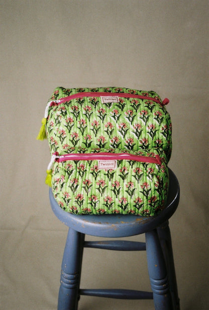 Quilted Wash Bag - Green/Pink
