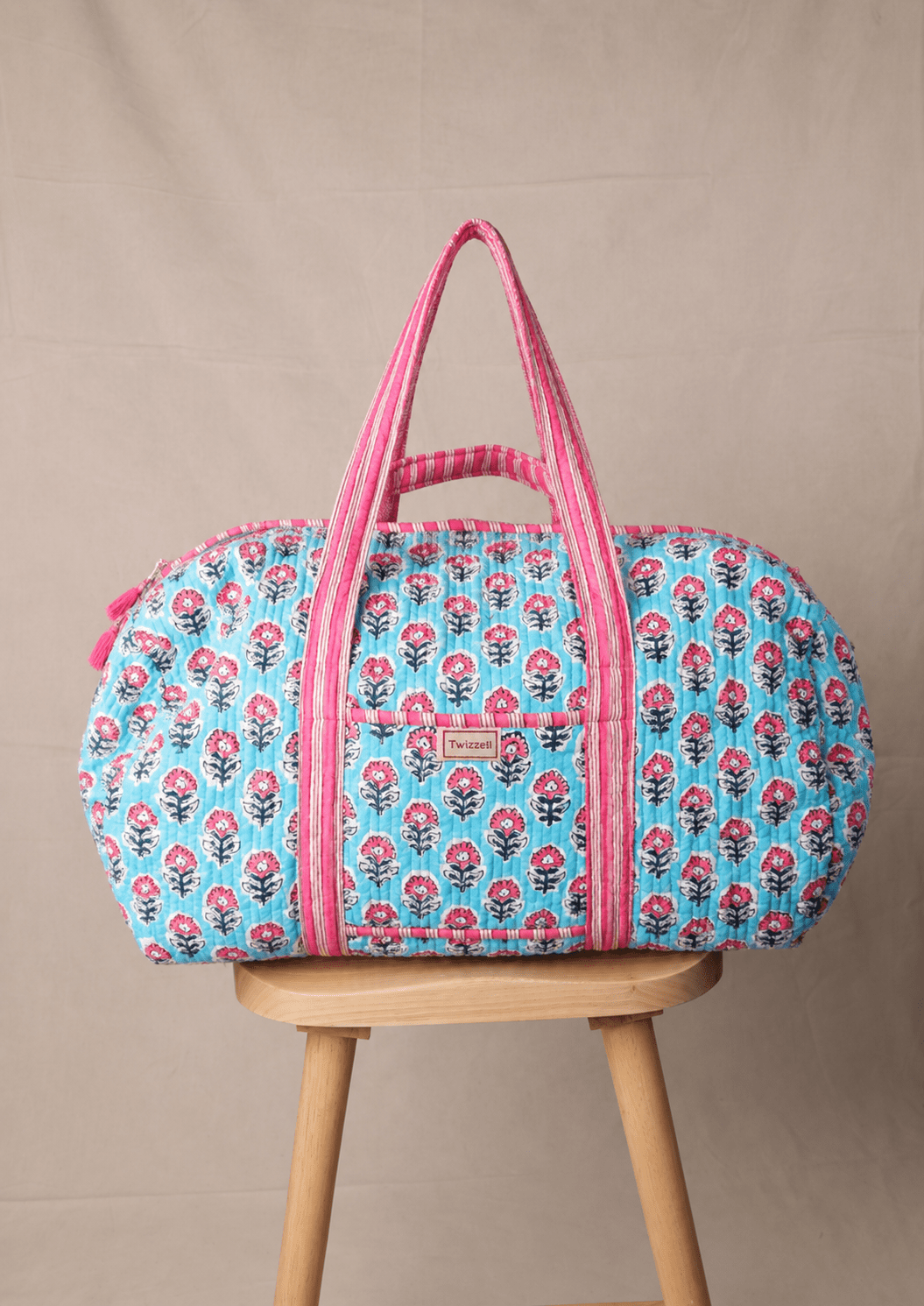 Indian Block Print Weekend Bag - Blue with Pink Flower