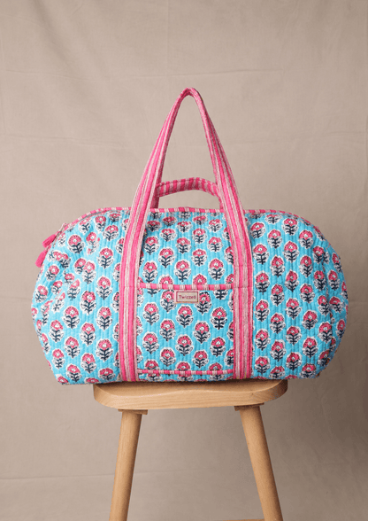 Indian Block Print Weekend Bag - Blue with Pink Flower