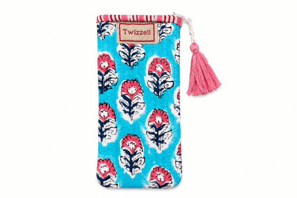Glasses Case - Blue with pink flower