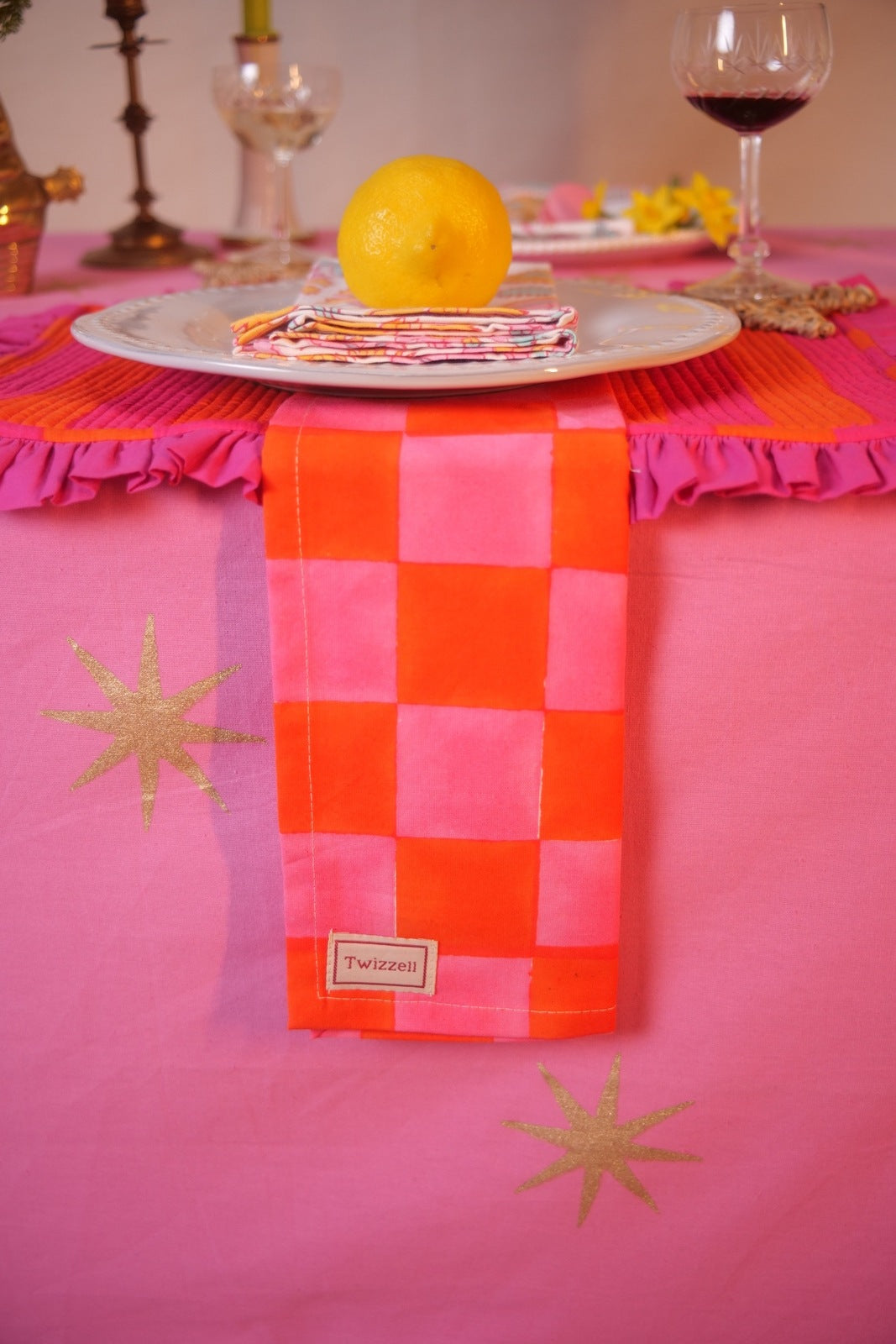 Pink &amp; Orange Checkerboard Napkin x 4
