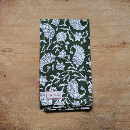 Olive &amp; White Paisley Napkin x 4