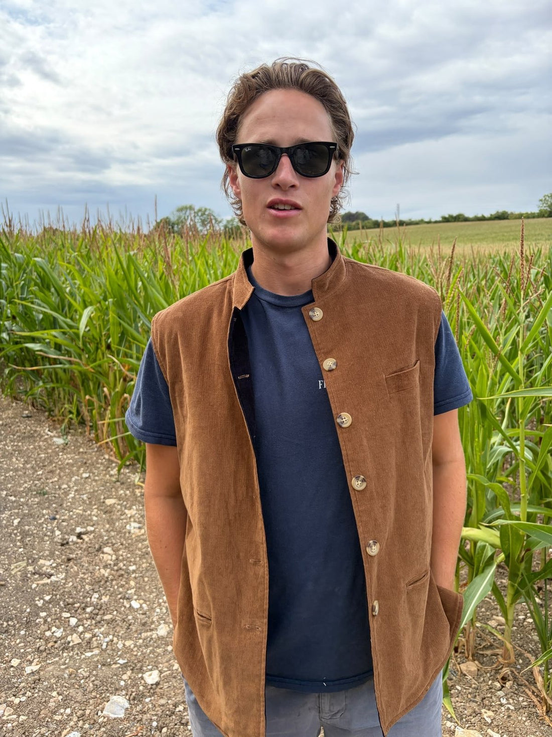 Nehru Jacket Navy and Tan Corduroy