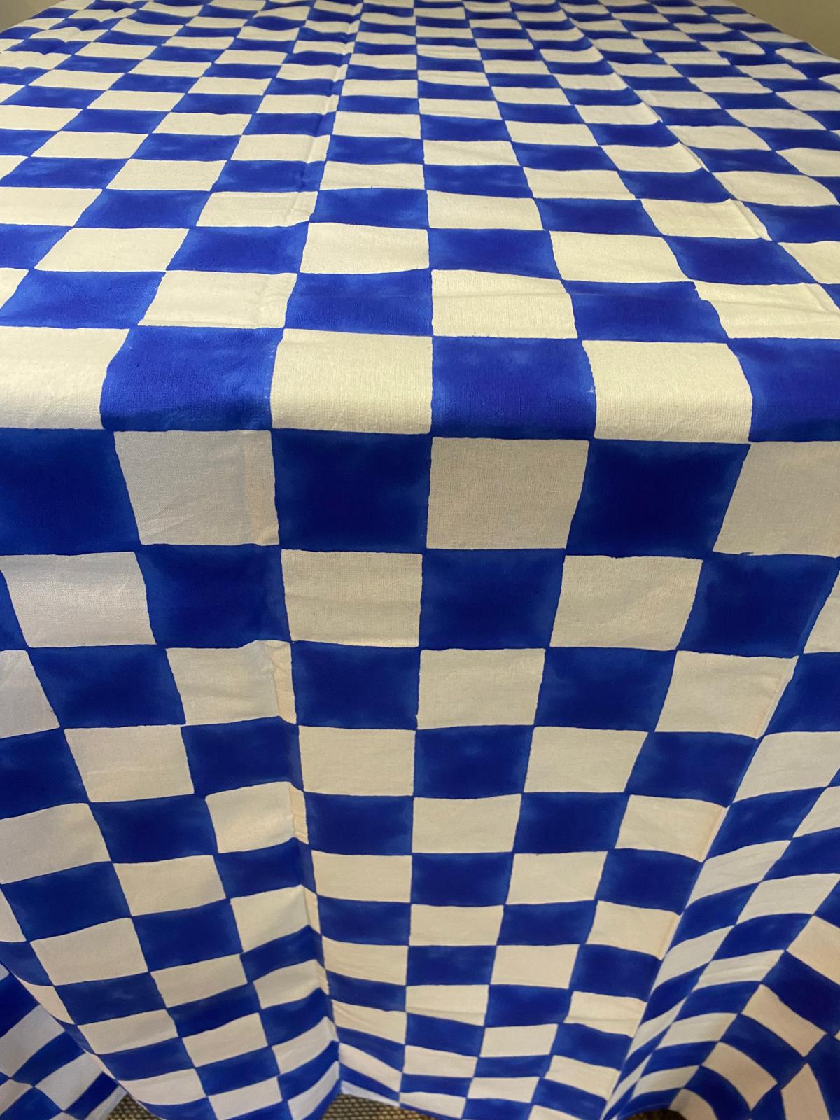 Indian Block Print Tablecloth - Royal Blue Checkerboard